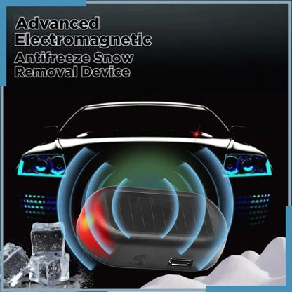 Car with an advanced electromagnetic antifreeze snow-removal device graphic, showing ice and snow being cleared.