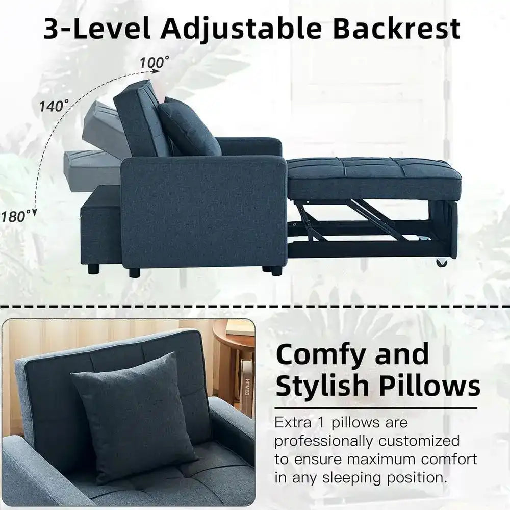 Gray sofa with adjustable backrest and pillows on a white background