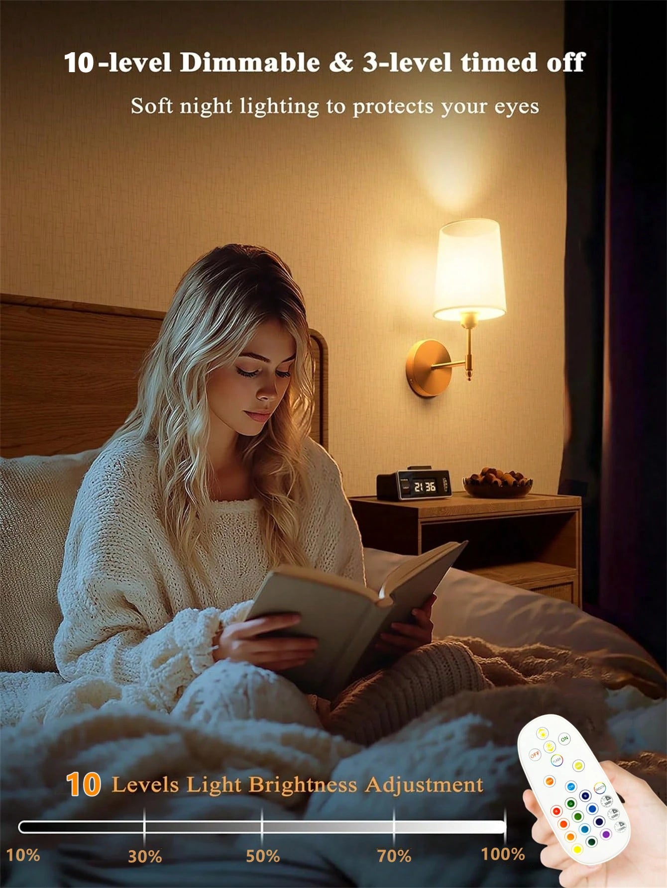 Woman reading a book in bed with soft night lighting, remote control shown for light adjustment.