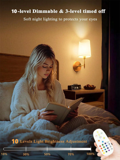 Woman reading a book in bed with soft night lighting, remote control shown for light adjustment.