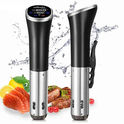 Two digital kitchen thermometers with a white background featuring food images.