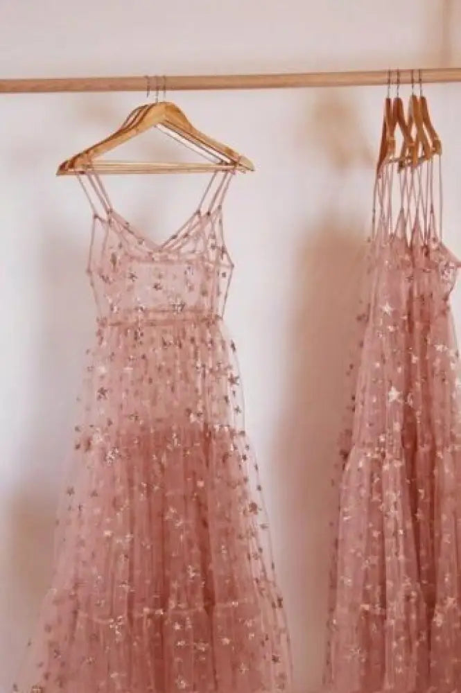 Spaghetti Straps Tulle See Through Long Dress
