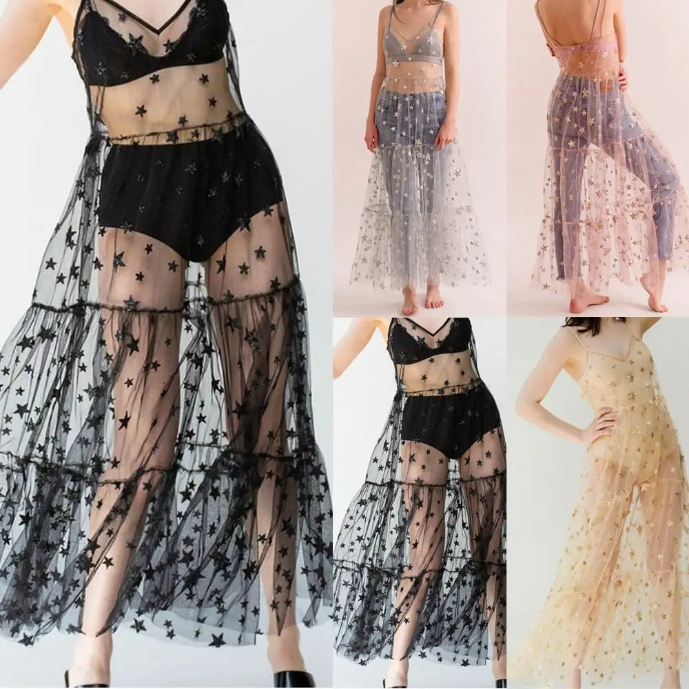 Spaghetti Straps Tulle See Through Long Dress