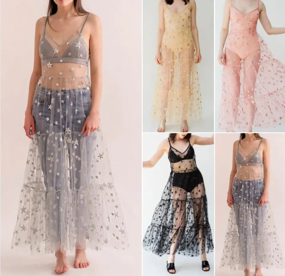 Spaghetti Straps Tulle See Through Long Dress