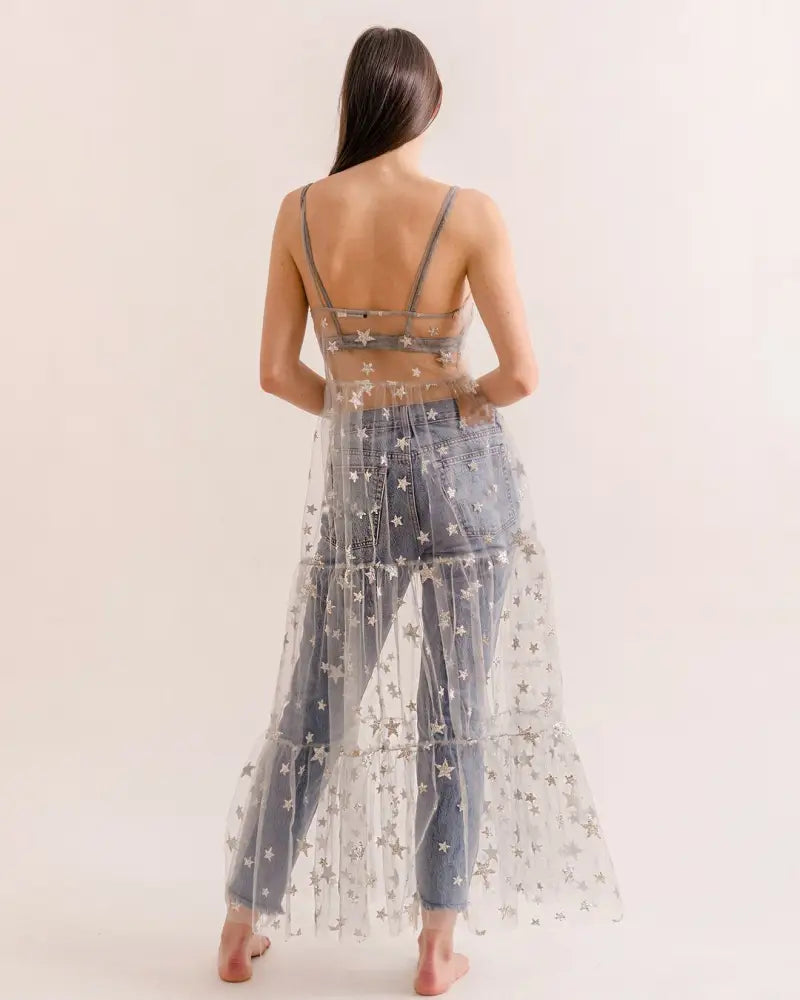 Spaghetti Straps Tulle See Through Long Dress