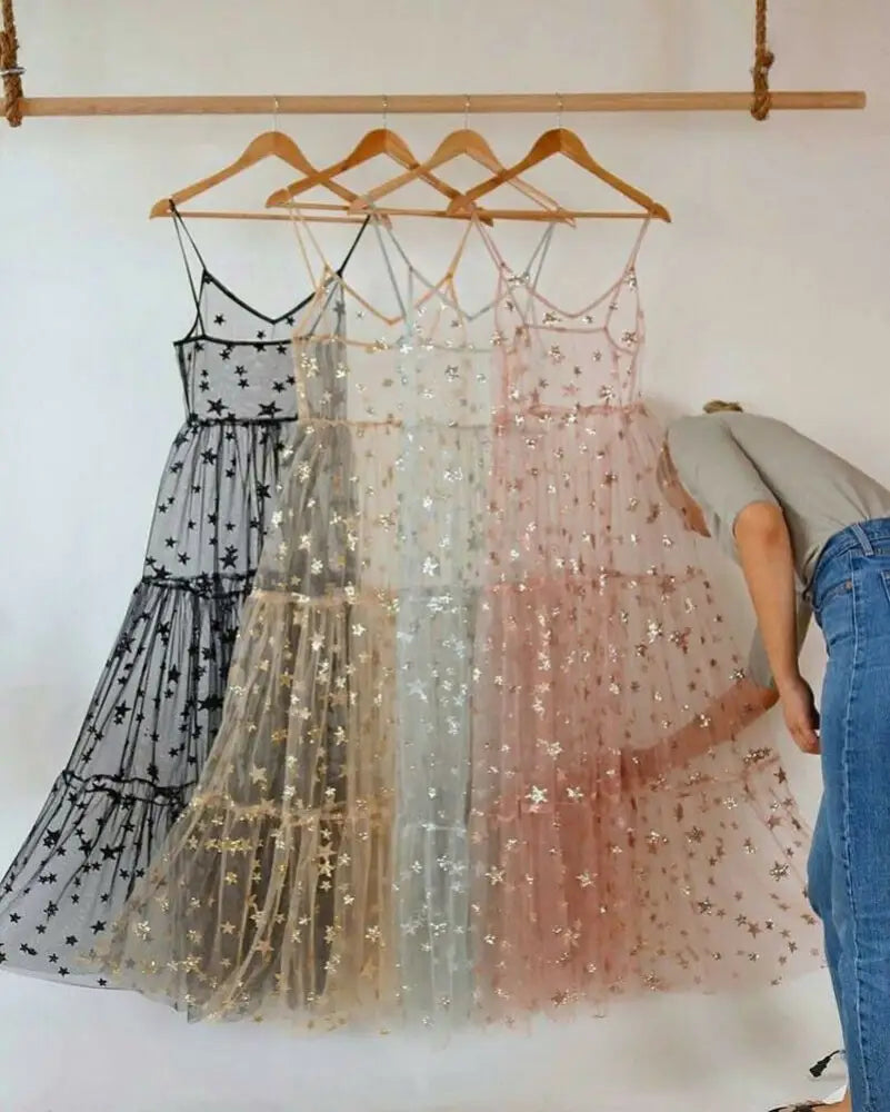 Spaghetti Straps Tulle See Through Long Dress