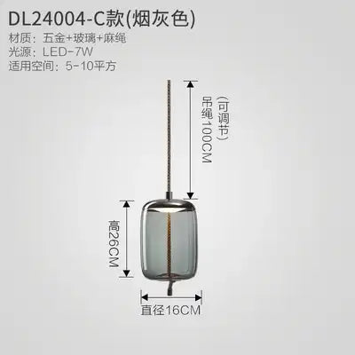 Product specifications for a pendant light with dimensions and material details on a gray background