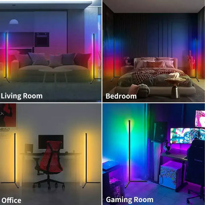 Collage of a standing lamp in different rooms, including the living room, bedroom, office, and gaming room.