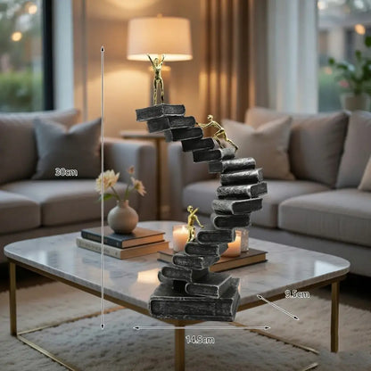 Decorative stone staircase with measurements on a coffee table in a living room setting