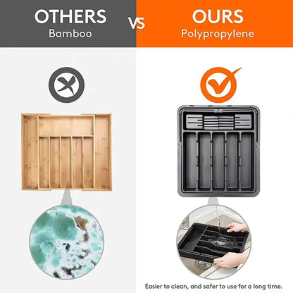 Comparison between bamboo and polypropylene storage solutions with icons and text indicating benefits.