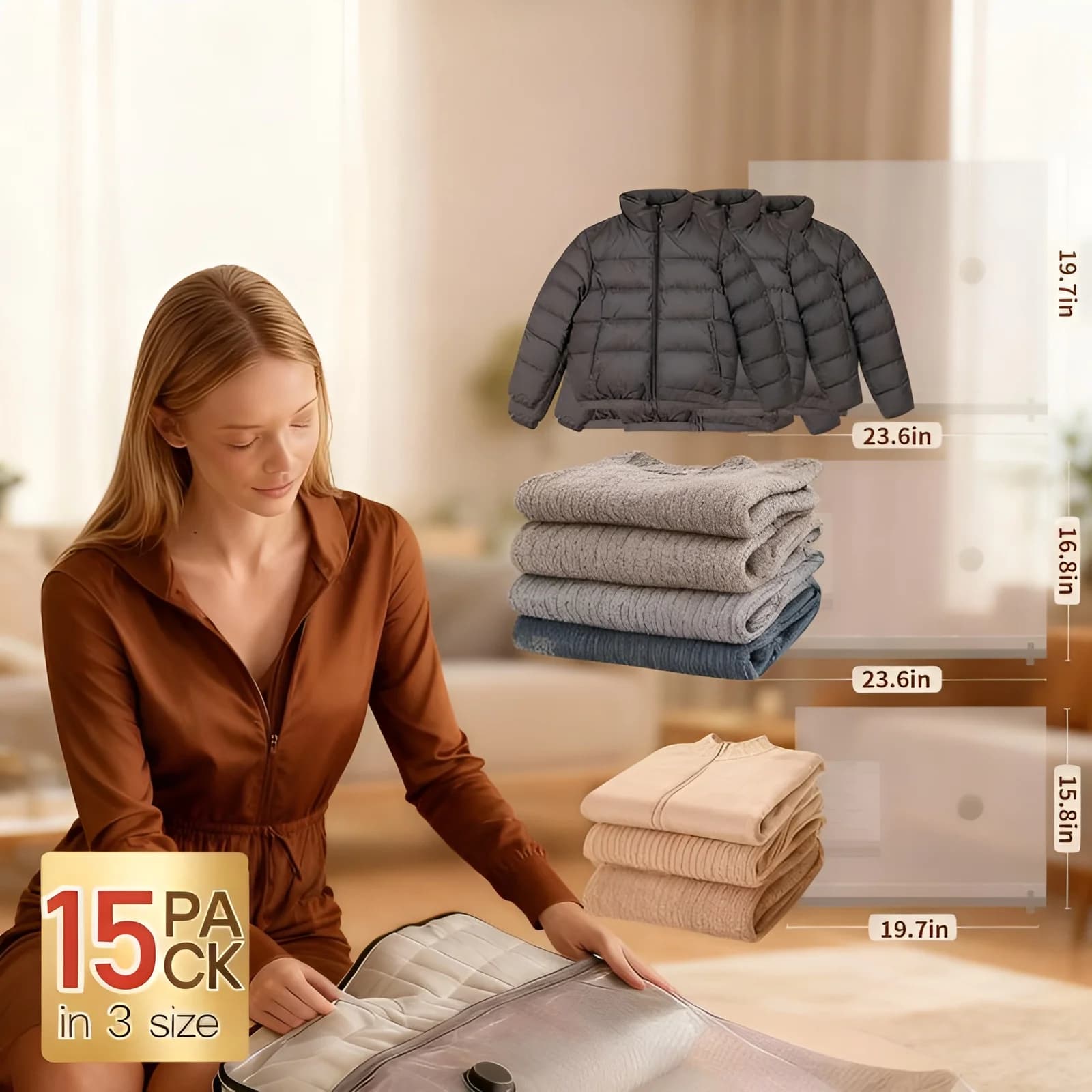 Woman packing clothes into a suitcase with jacket and folded garments displayed above.