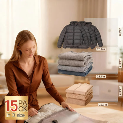 Woman packing clothes into a suitcase with jacket and folded garments displayed above.
