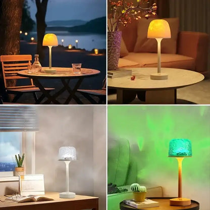 A collage of four scenes featuring table lamps in different settings.