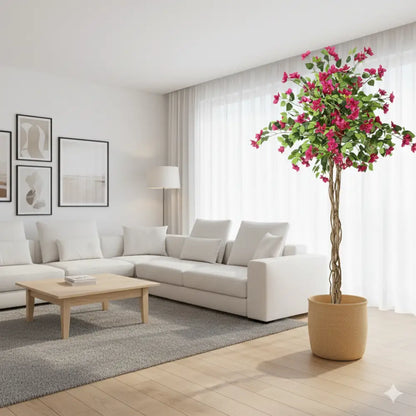 Tall Artificial Bougainvillea Tree | Pink Flowers, Wood Trunk & Potted Faux Plant for Indoor/Outdoor