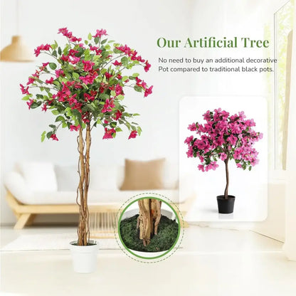 Tall Artificial Bougainvillea Tree | Pink Flowers, Wood Trunk & Potted Faux Plant for Indoor/Outdoor