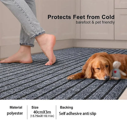 Person wearing jeans standing on a textured mat with a dog lying next to it, text indicating mat protects feet from cold.