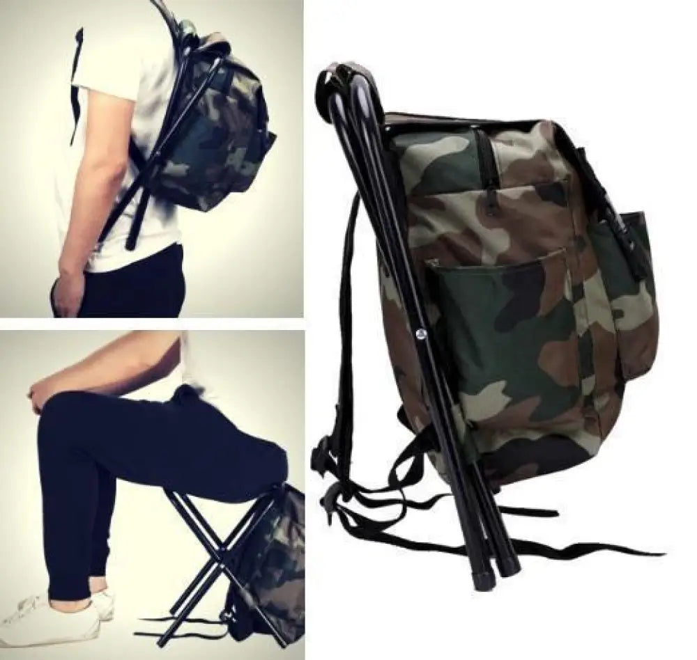 Camouflage backpack with folding stool attachment on a white background