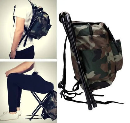 Camouflage backpack with folding stool attachment on a white background