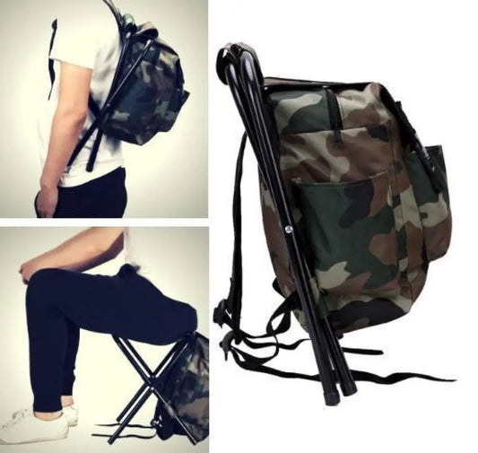 Camouflage backpack with folding stool attachment on a white background