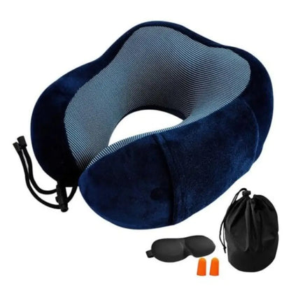 Blue travel neck pillow with eye mask, earplugs, and carrying bag on a white background