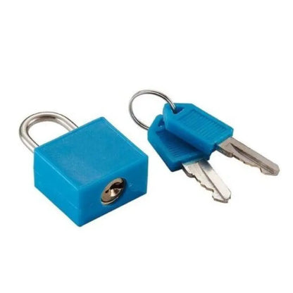 Blue padlock with two keys on a white background