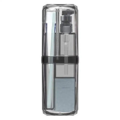 Clear spray bottle with black nozzle on a white background