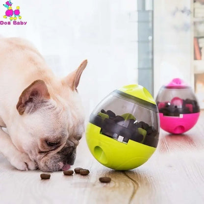 Dog interacting with a yellow and black treat ball on a wooden floor, with another pink and black treat ball in the background.