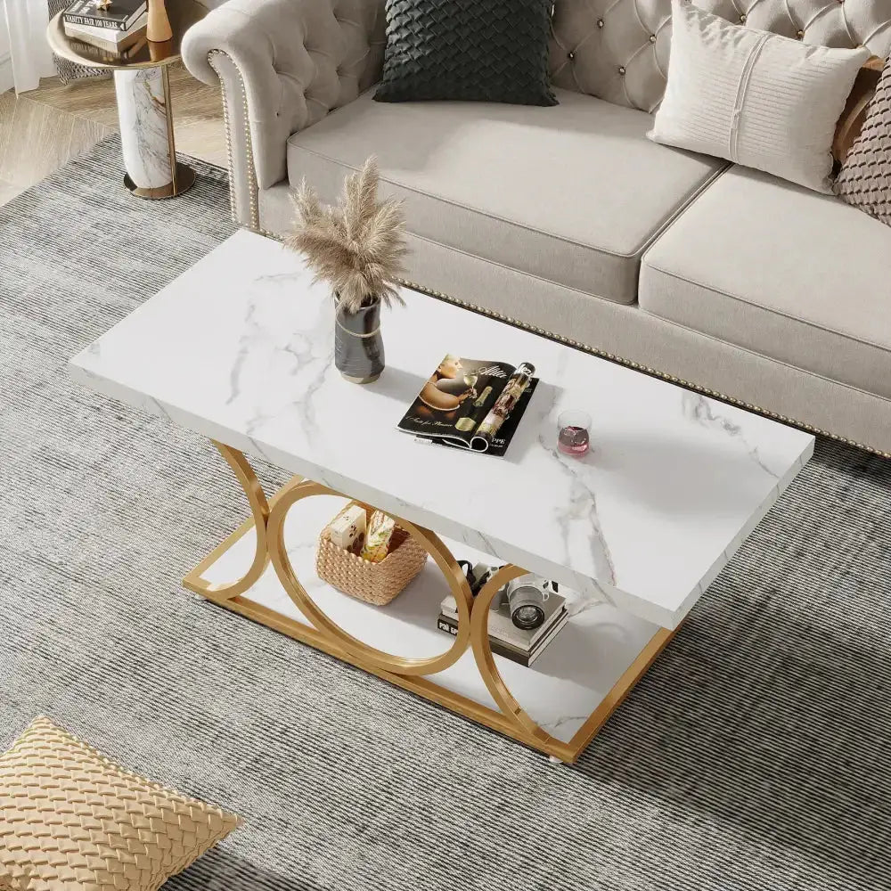 Tribesigns 47" Modern Rectangle Coffee Table 2 - Tier Faux Marble Top - Ninjanew