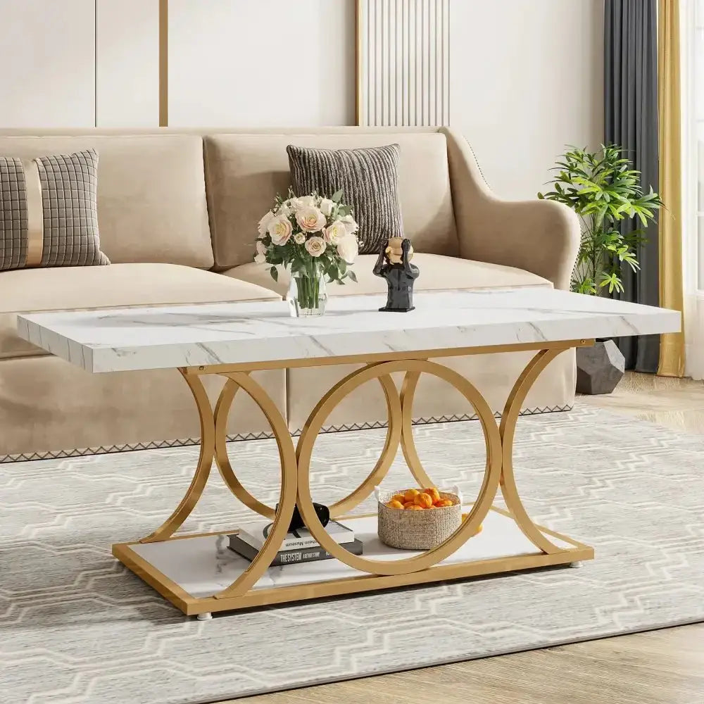 Tribesigns 47" Modern Rectangle Coffee Table 2 - Tier Faux Marble Top - Ninjanew