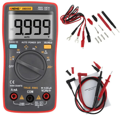 Digital multimeter with test leads and probes on a white background