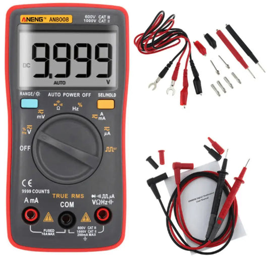 Digital multimeter with test leads and probes on a white background