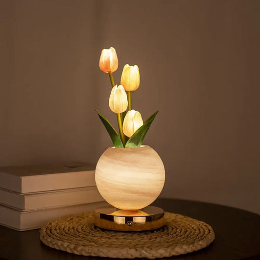 Tulip Planet LED Night Light USB Rechargeable, 3-Color Dimmable Desk Decor Lamp