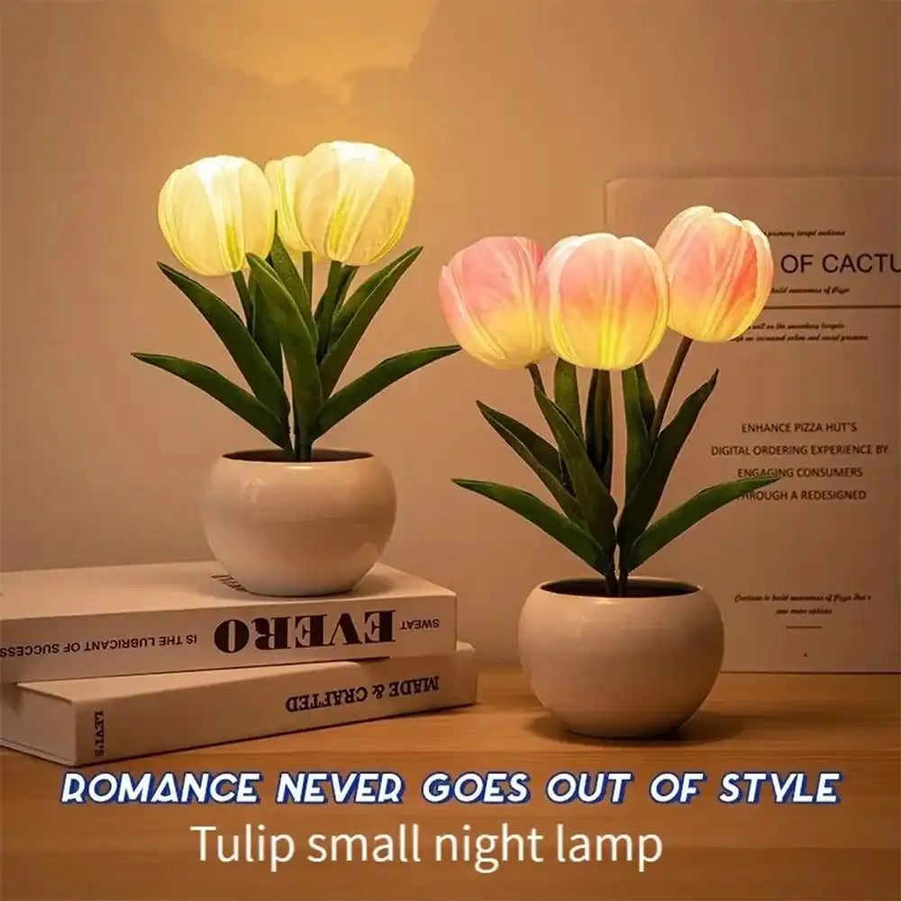 Two tulip-shaped night lamps on books with a text overlay on a neutral background.