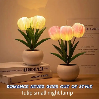 Two tulip-shaped night lamps on books with a text overlay on a neutral background.
