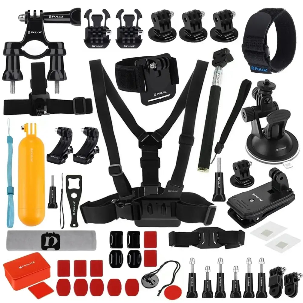 Collection of GoPro accessories including mounts, straps, and holders on a white background.
