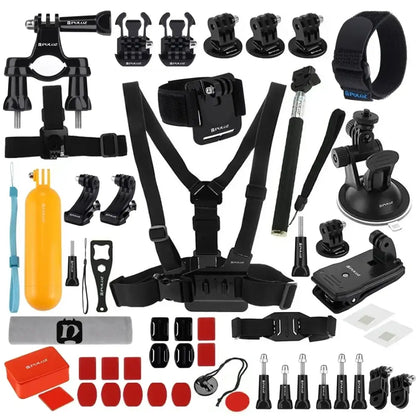 Collection of GoPro accessories including mounts, straps, and holders on a white background.