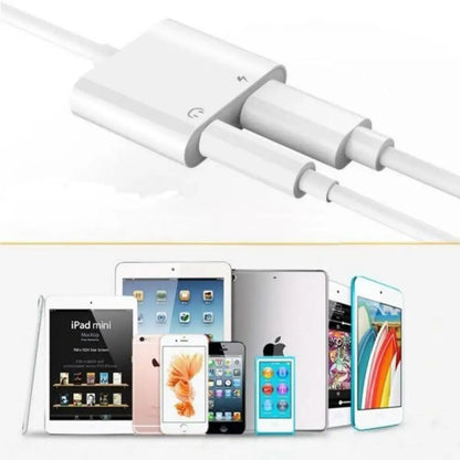 White audio adapter with multiple device icons on a white background