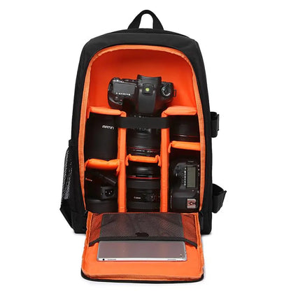 Orange and black camera backpack with compartments for camera equipment on a white background