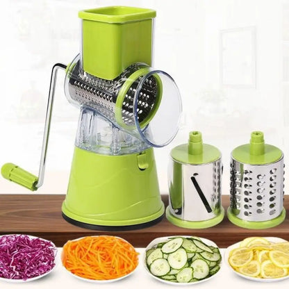 Green manual vegetable spiralizer with three different attachments on a white background