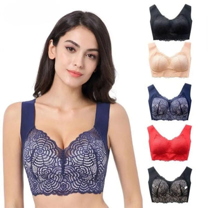 Woman wearing a blue lace bra with additional bra colors displayed on a white background