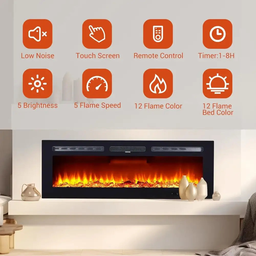 Ultra-Thin Wall Mounted Electric Fireplace | 12-Color Flame, Dimmable & Remote/Touch Control Heater