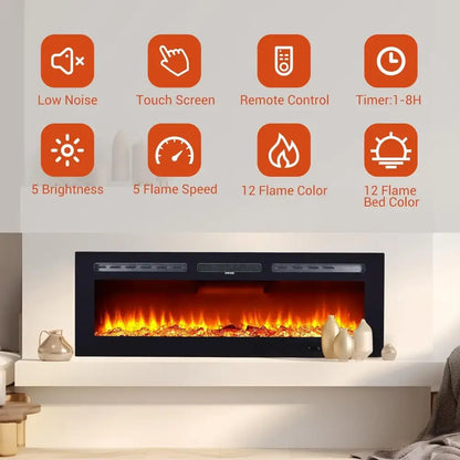 Ultra-Thin Wall Mounted Electric Fireplace | 12-Color Flame, Dimmable & Remote/Touch Control Heater