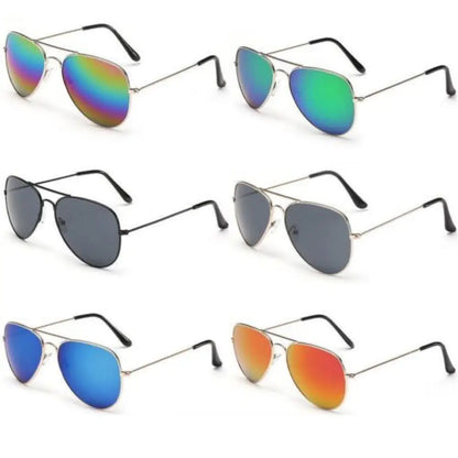 Set of six pairs of sunglasses with reflective lenses on a white background