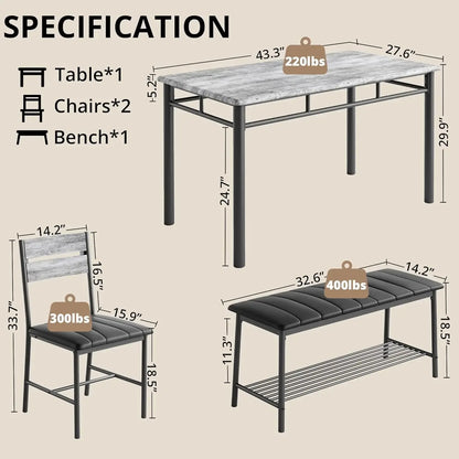 4-Piece Dining Set Kitchen Table with 2 Chairs & Upholstered Bench - Gray