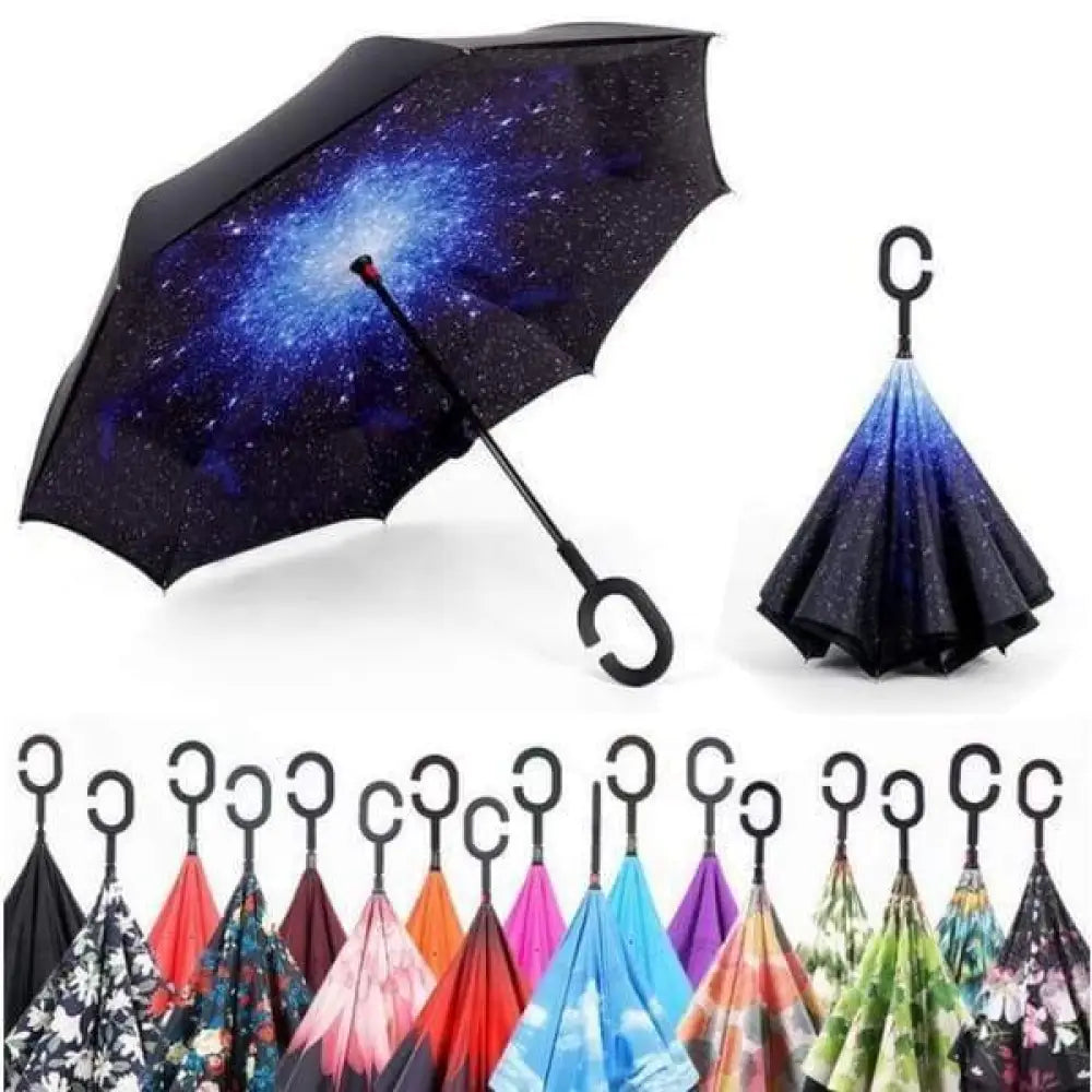 Inverted umbrella with galaxy design and various colorful options on a white background