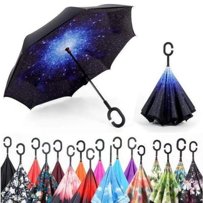 Inverted umbrella with galaxy design and various colorful options on a white background
