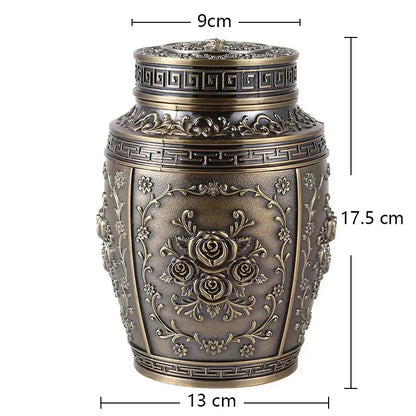 Decorative urn with floral patterns and measurements on a white background