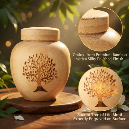 Wooden urn with tree of life design, surrounded by leaves and flowers, on a wooden stand.