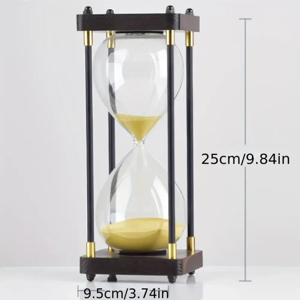 Vintage hourglass specifications showing natural wood glass and silica sand materials
