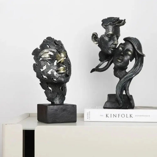 Vintage Facial Art Statue Kiss Face Mask Sculpture Retro Black Gold Figures